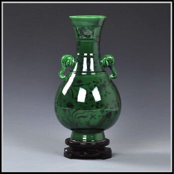 景德镇陶瓷绿釉家居花瓶摆件仿古花瓶青花瓷瓶双耳瓶中式工艺品大号翡翠绿象耳瓶	